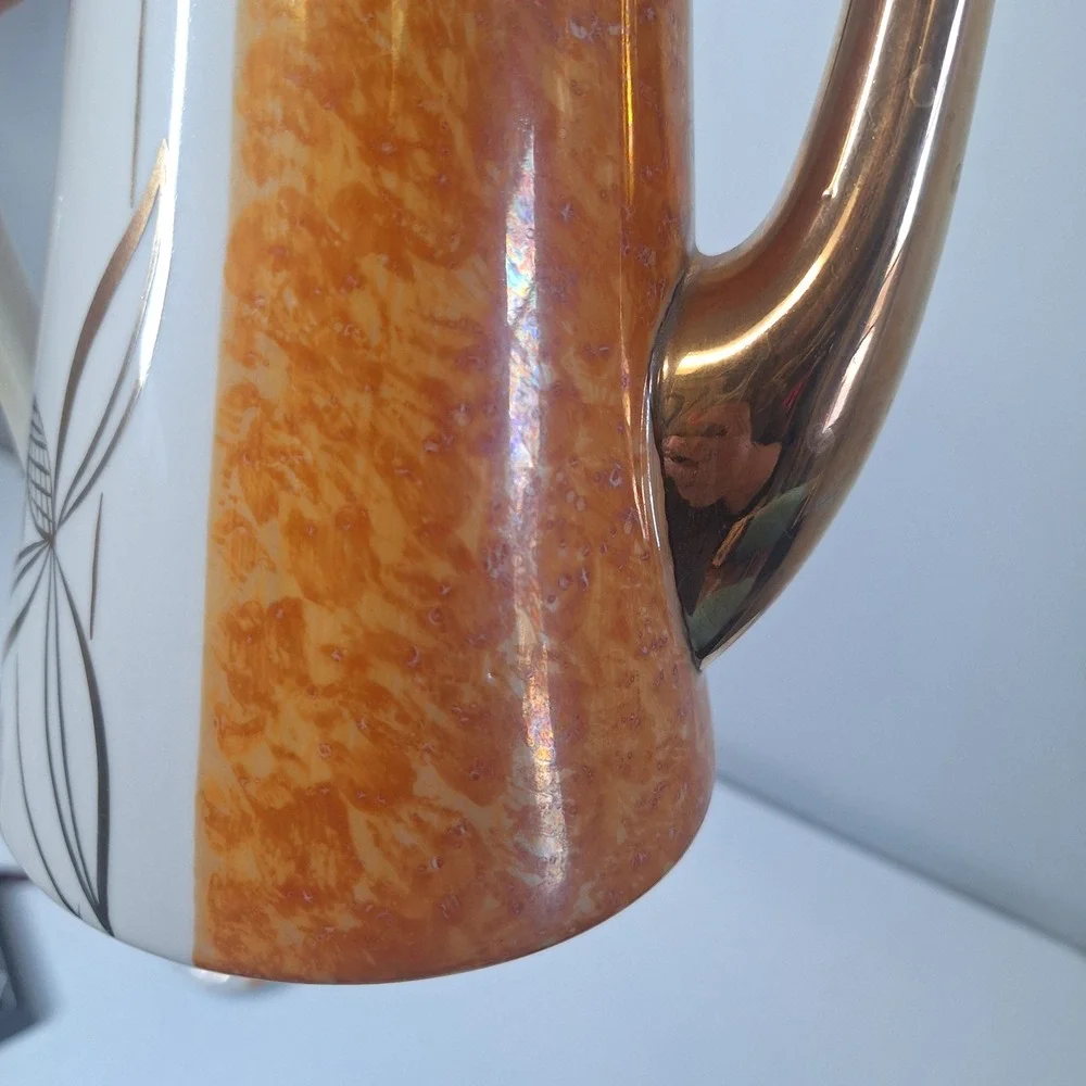 Walbrzych Poland Porcelain Coffee‎ Tea Set Gold Trim Orange Floral Mid Century